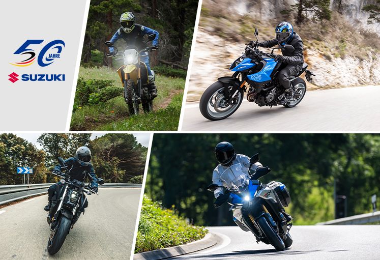 Collage mit vier Motorrädern in Aktion auf Straße und Gelände; oben links ein „50 Jahre Suzuki“-Logo.