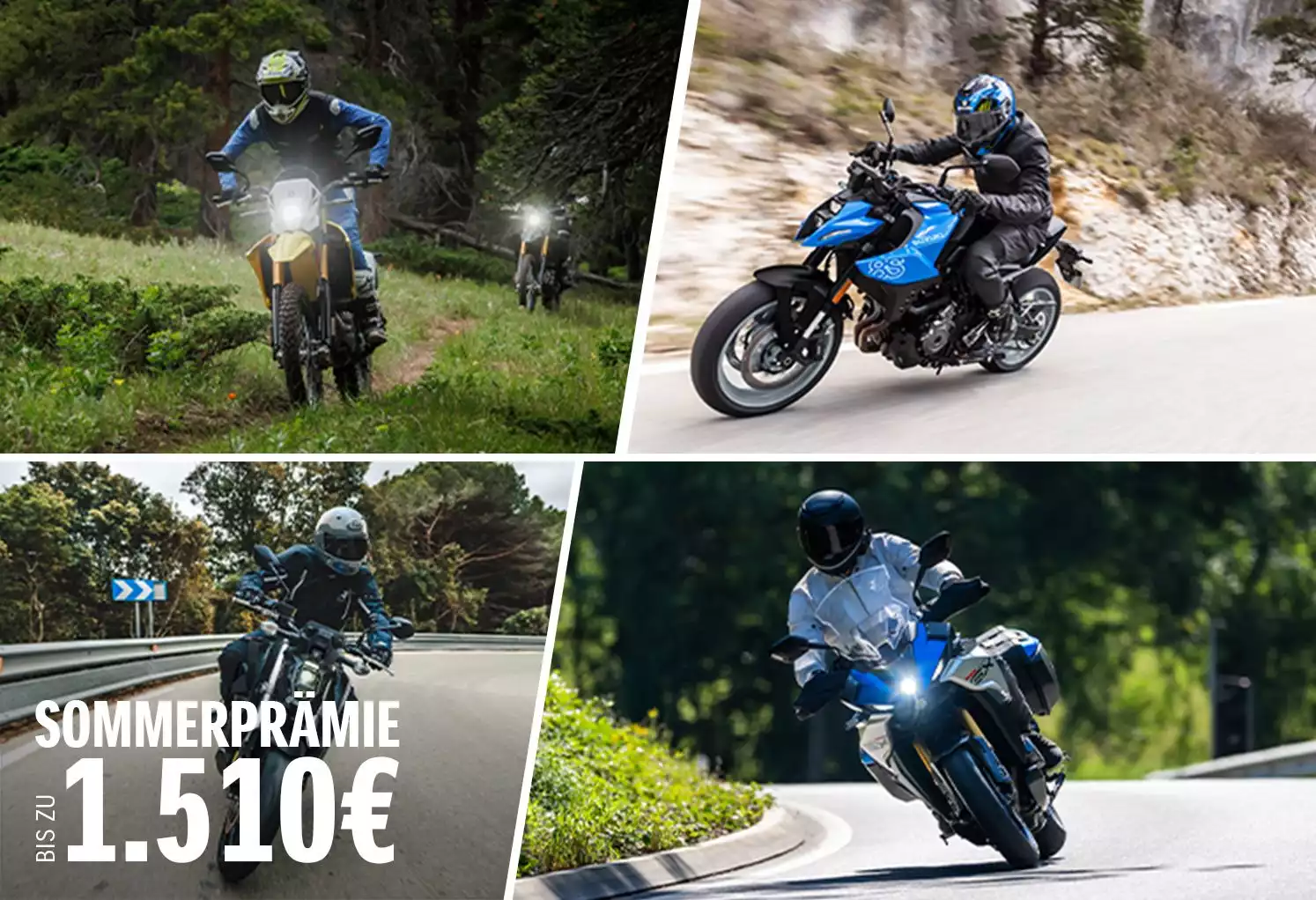 Collage mit vier Motorrädern in Aktion auf Straße und Gelände; unten links ein Signet mit Sommerprämie bis zu 1.510€.