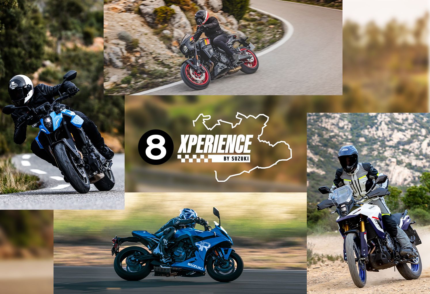 Collage von mehreren Suzuki Motorrädern und in der Mitte ist der Schriftzug 8 Xperience